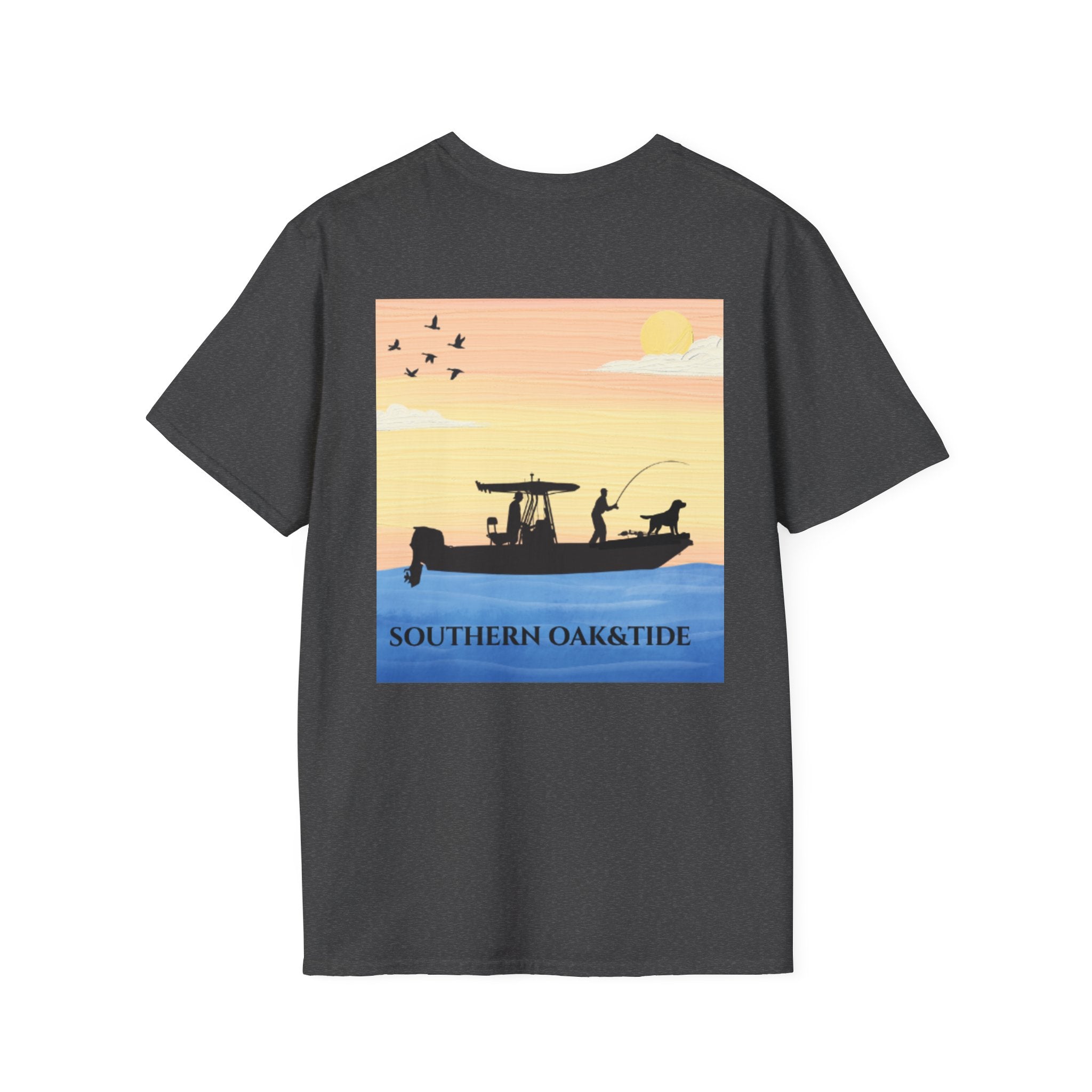 Southern Oaktide Fishing Tee — Sunset Boat Graphic T-Shirt