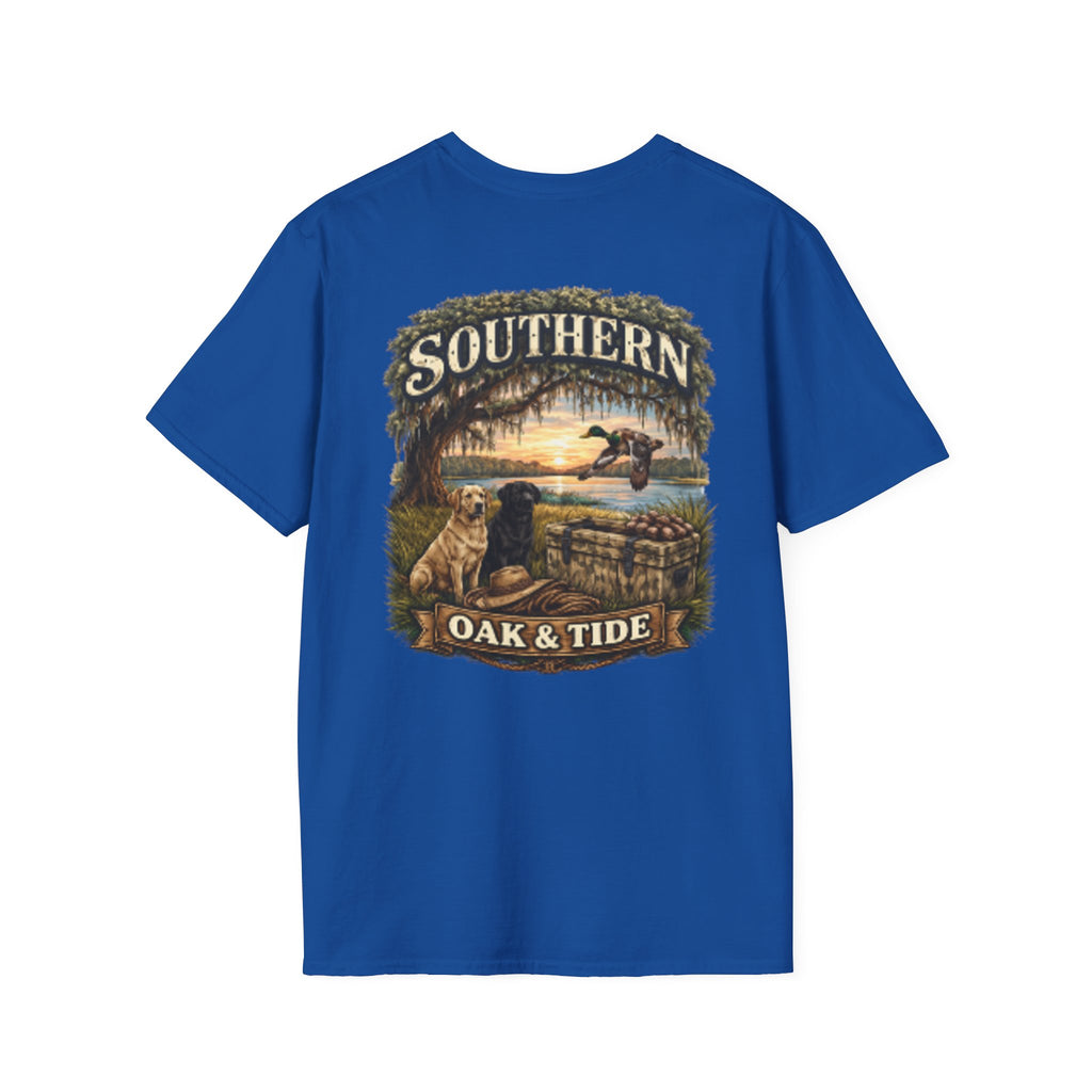 Southern Oak & Tide T-Shirt — Hunting Dogs, Duck & Sunset Graphic Tee
