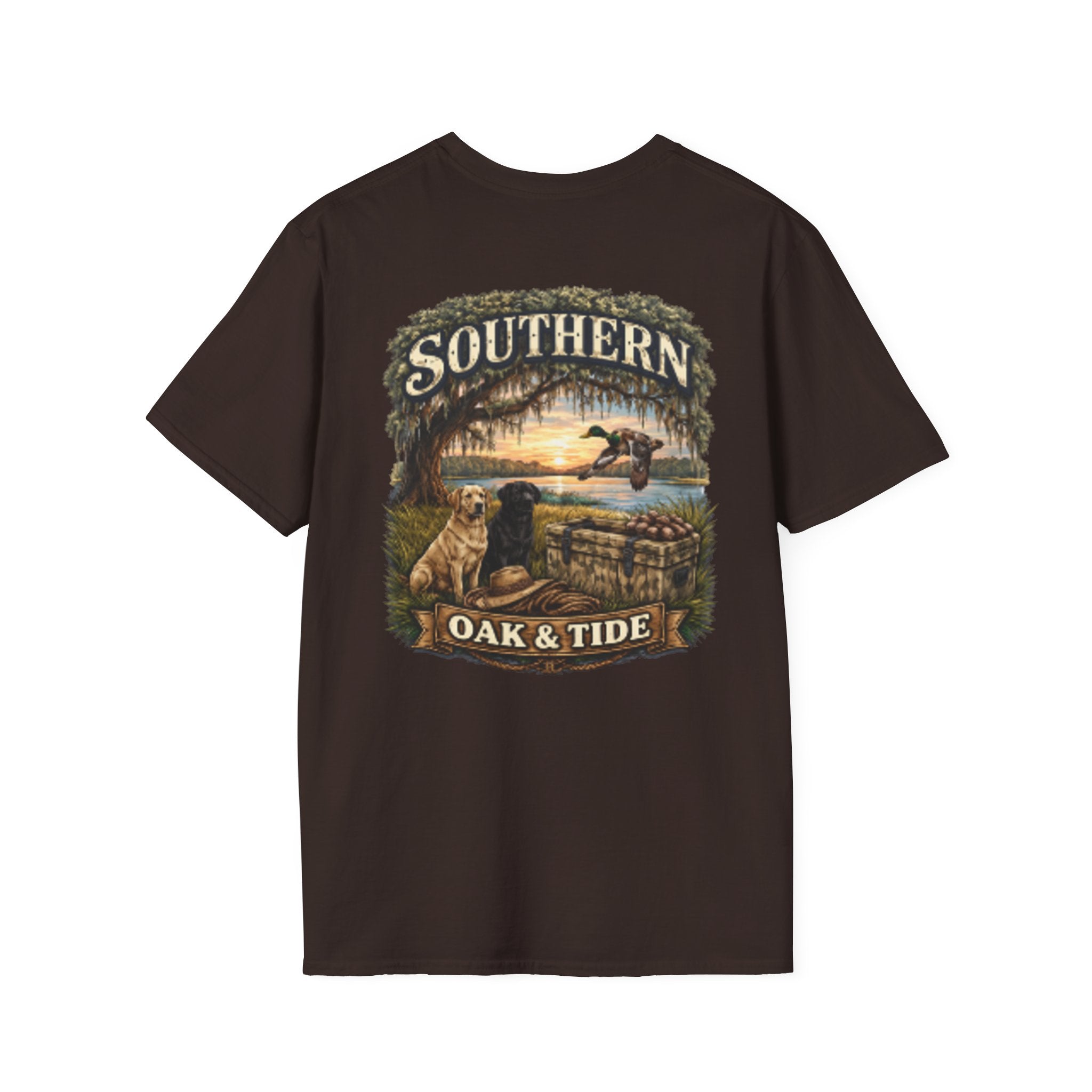 Southern Oak & Tide T-Shirt — Hunting Dogs, Duck & Sunset Graphic Tee