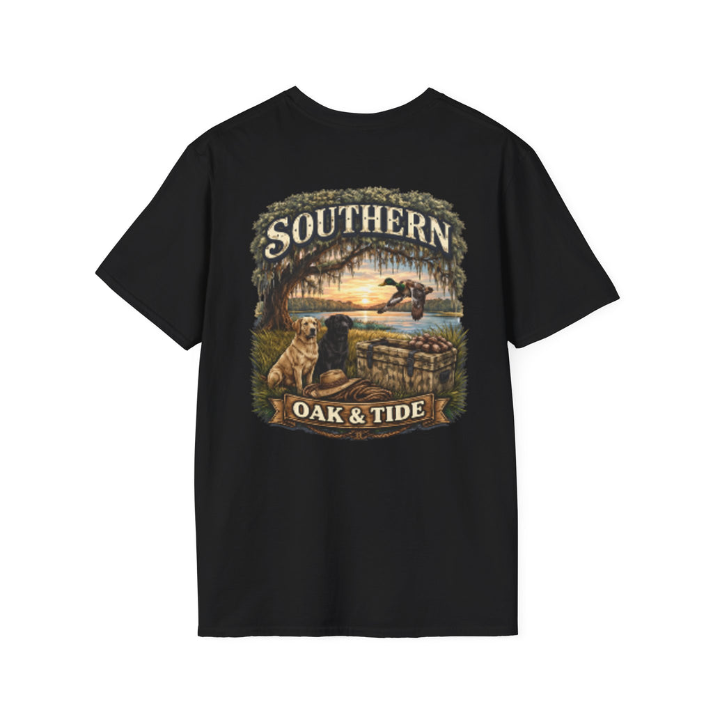 Southern Oak & Tide T-Shirt — Hunting Dogs, Duck & Sunset Graphic Tee