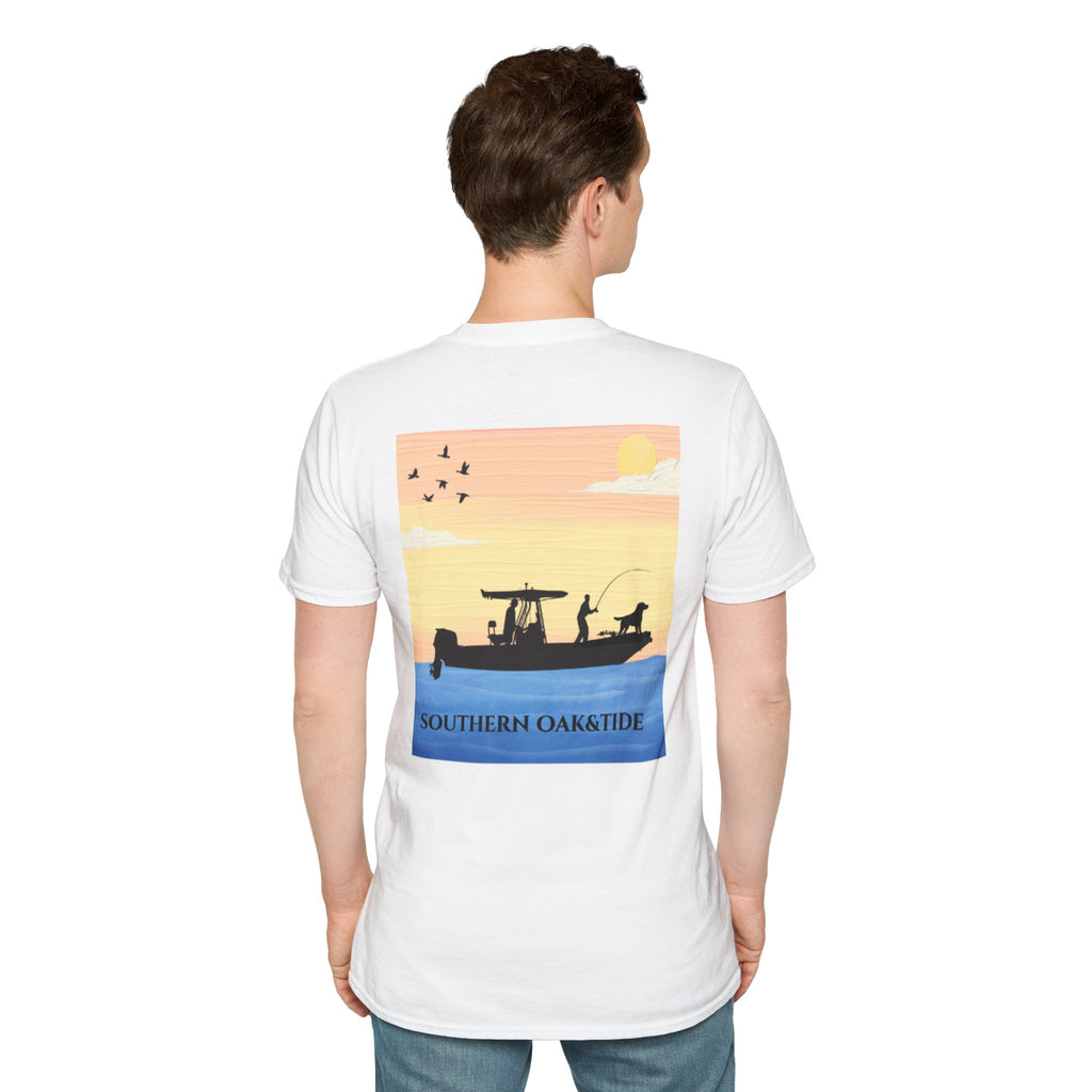 Southern Oaktide Fishing Tee — Sunset Boat Graphic T-Shirt